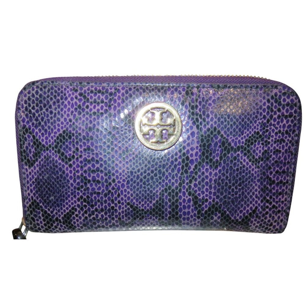 Tory Burch Purple Python Snakeskin Leather Full Zip Continental Long Wallet